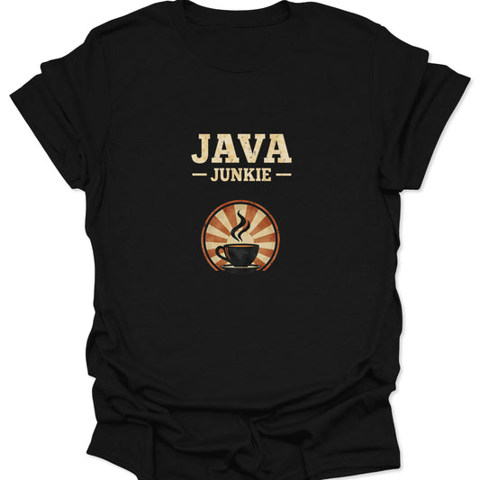 Black retro aesthetic coffee addiction graphic tee with distressed "JAVA JUNKIE" text and vintage sunburst steaming cup icon.