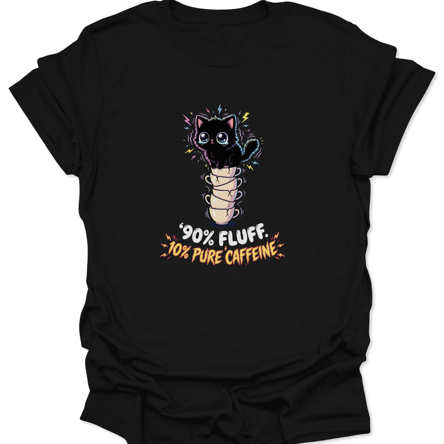 Graphic tee on a black fabric background featuring a wide-eyed, vibrating black cat sitting on five stacked, cracked coffee cups with the text "90% Fluff 10% Pure Caffeine" in bold, jagged letters.