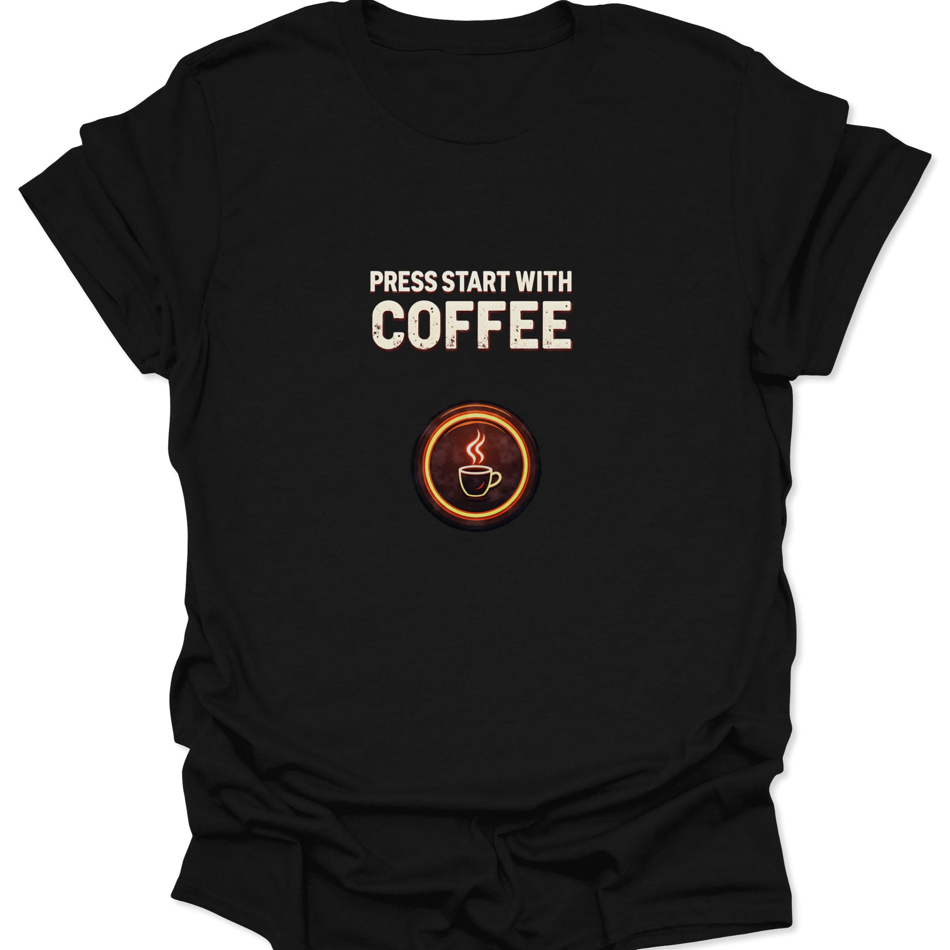 Black, high-contrast gaming-themed t-shirt with "Press Start With Coffee" text and a fiery, glowing neon-style coffee cup icon.