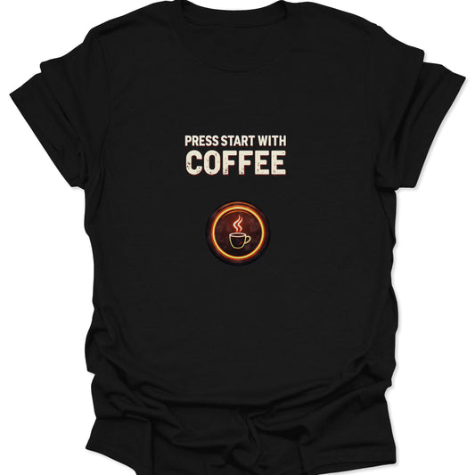 Black, high-contrast gaming-themed t-shirt with "Press Start With Coffee" text and a fiery, glowing neon-style coffee cup icon.