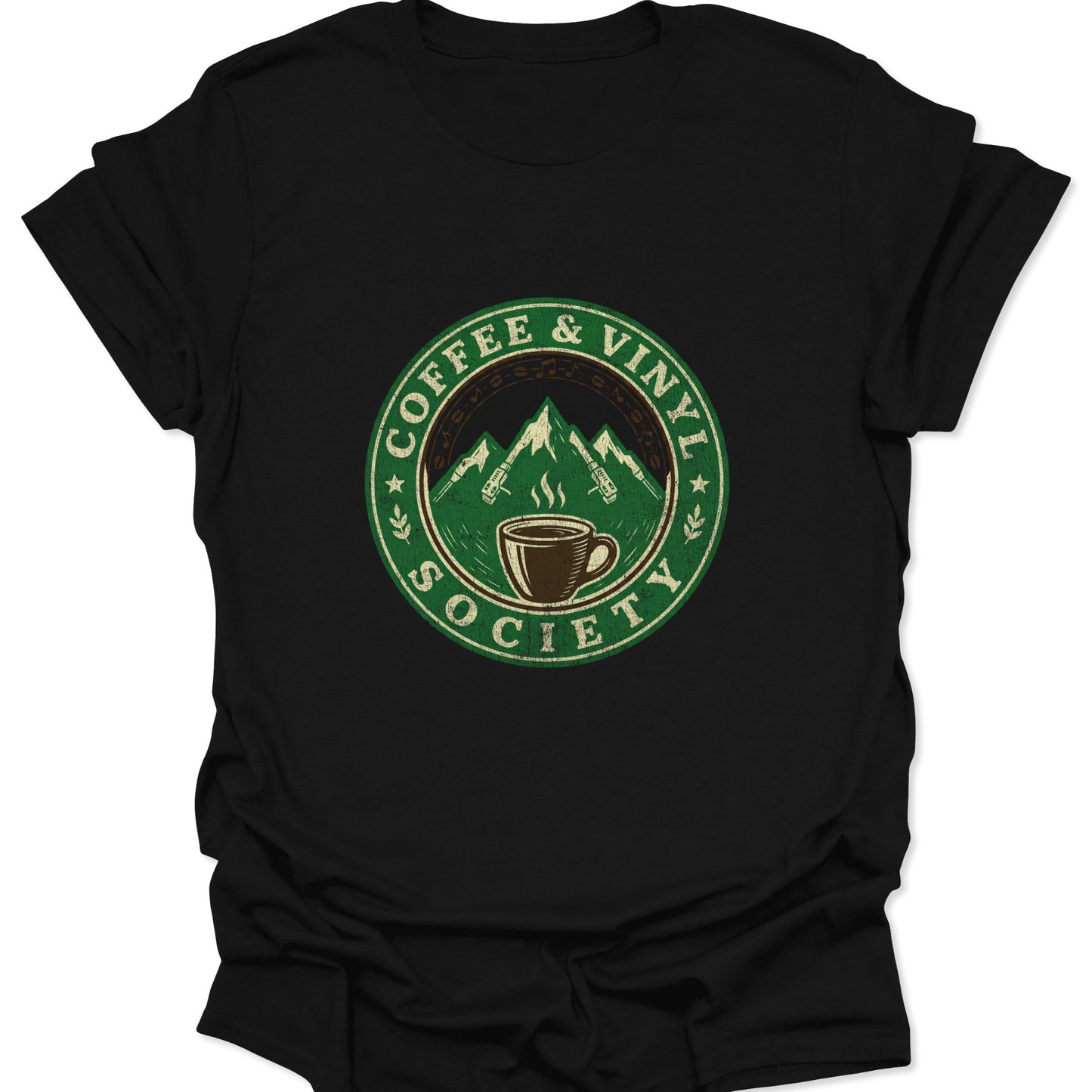 Black t-shirt featuring a distressed green circular badge design reading "Coffee & Vinyl Society" with mountains made of record player tonearms and a coffee mug.