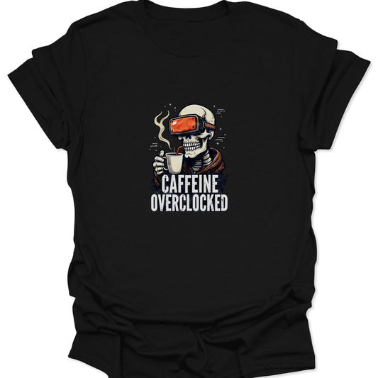 Black t-shirt featuring a pale skeleton wearing a bright red VR headset and sipping coffee, with white "Caffeine Overclocked" text.