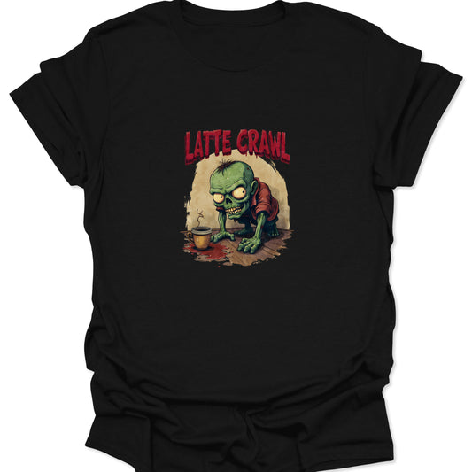 Full-bleed graphic of a hunched zombie monster crawling on a wood floor toward a coffee cup, with red blood and coffee spills. Text reads "LATTE CRAWL."