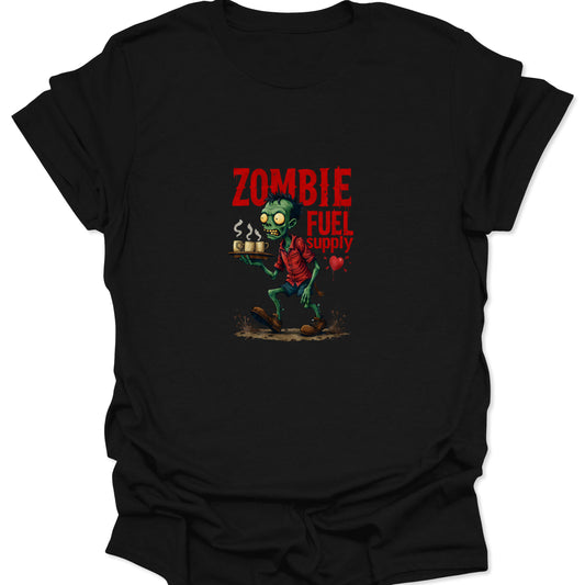 Sarcastic black t-shirt with high-contrast graphic of a bright green zombie holding a coffee tray, text reads "ZOMBIE FUEL SUPPLY."