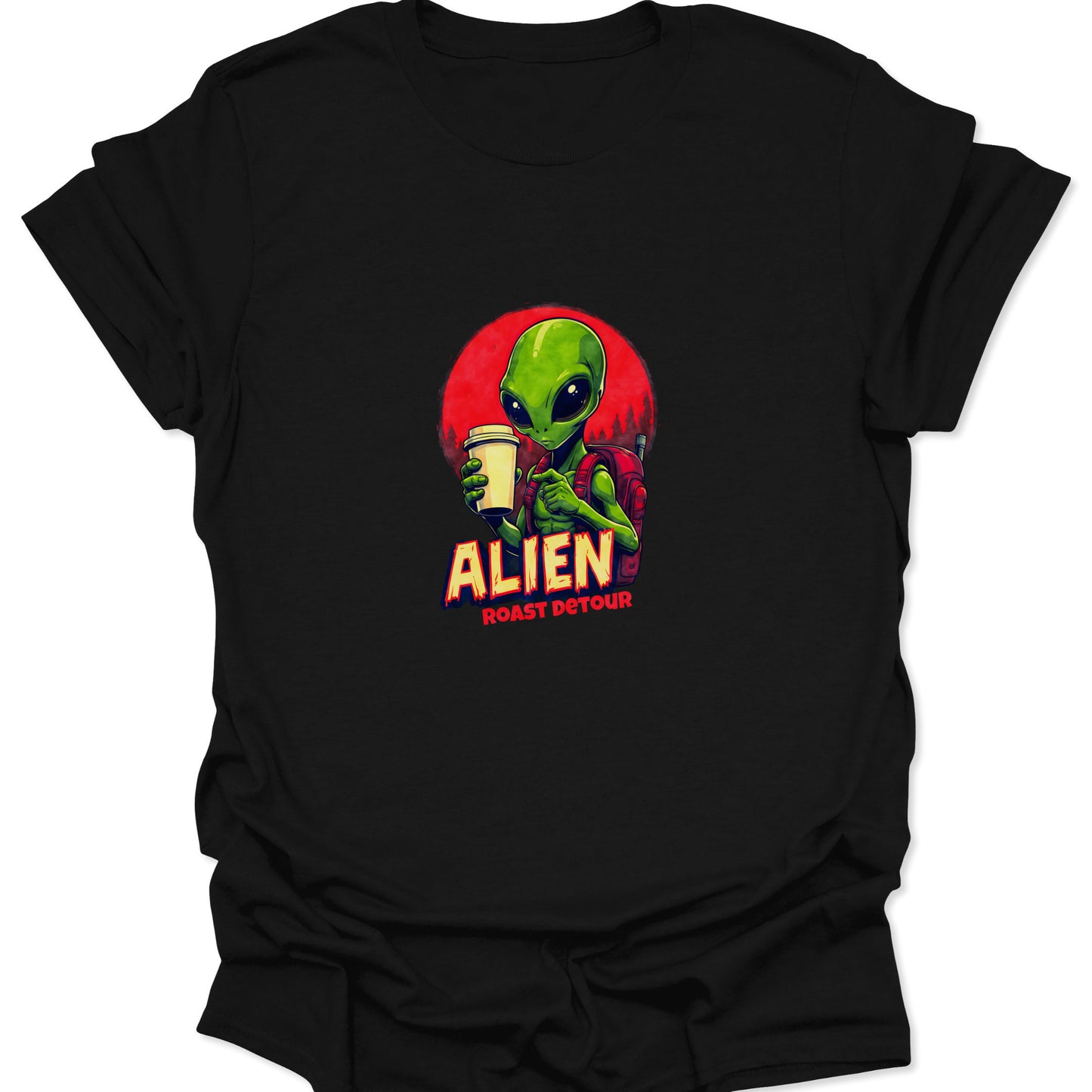 Black t-shirt with a detailed, comic-style green alien holding a paper coffee cup, set against a stark red circle background with yellow text 'ALIEN ROAST DETOUR' below the graphic.