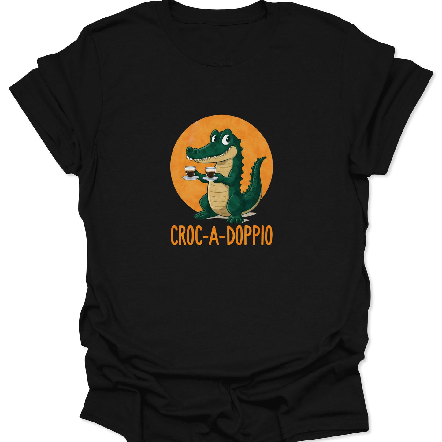 Black t-shirt with Croc-A-Doppio graphic: cartoon alligator holding two espresso cups against a bright orange circle.