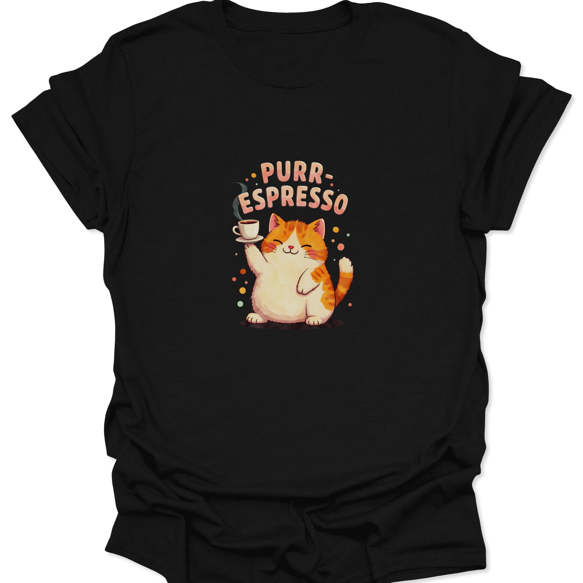 Cute tabby cat graphic on a black shirt holding an espresso with Purr-Espresso text.