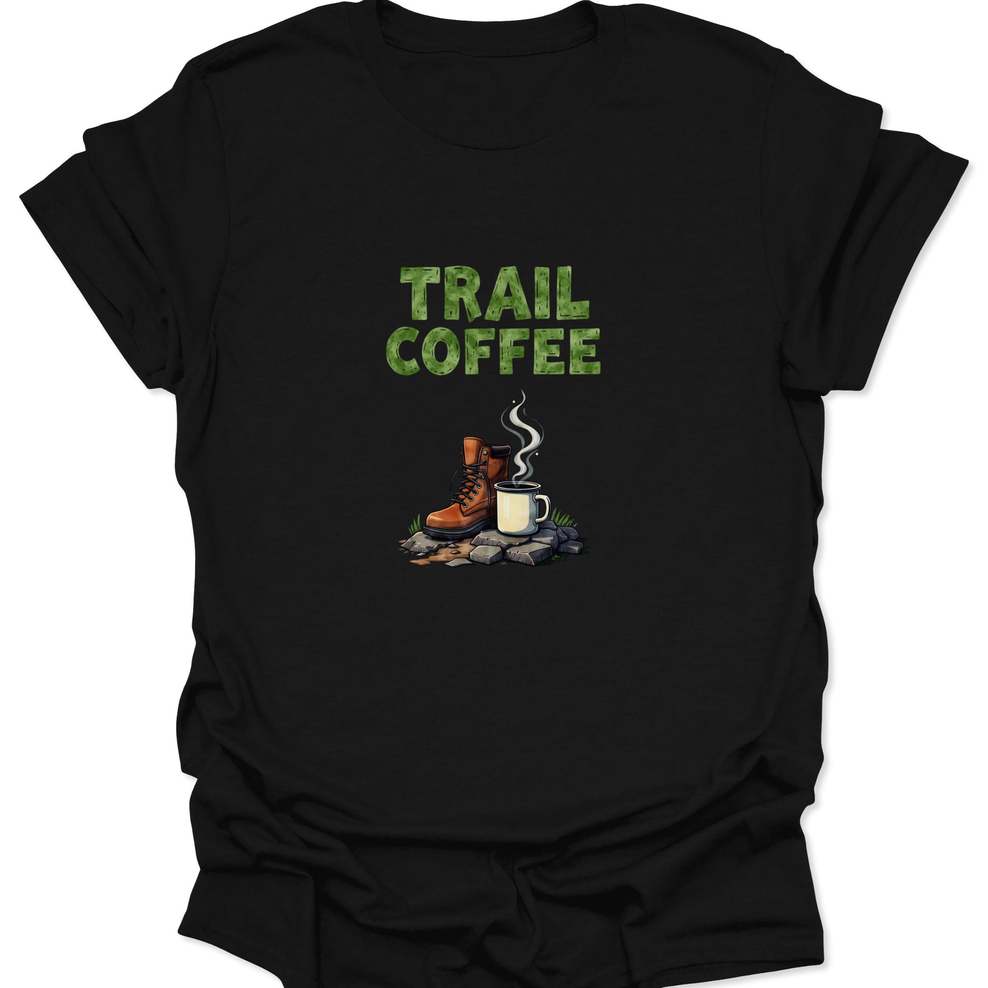 Dark, high-contrast shirt with moss green TRAIL COFFEE text and a detailed graphic of a brown leather hiking boot, white steaming coffee mug, and gray campfire rocks.