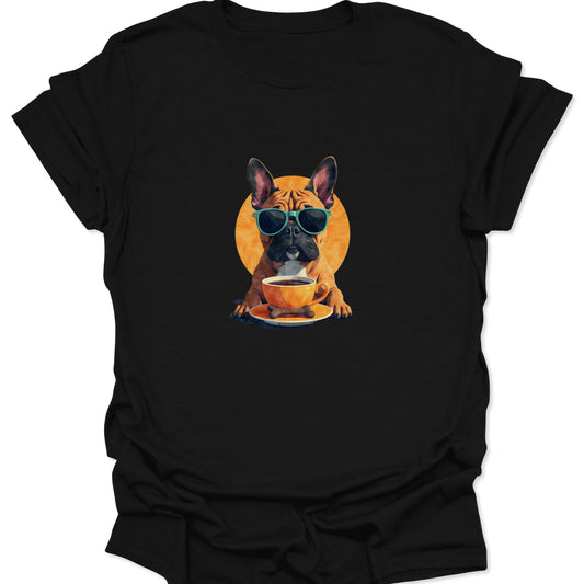 Black t-shirt featuring a stylized graphic of a French Bulldog in teal sunglasses with a small cup of coffee and an orange sun-like background.