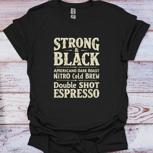 Black t-shirt with white text listing coffee types on a wooden surface