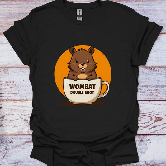 Black t-shirt with a cartoon wombat in a coffee cup on an orange background