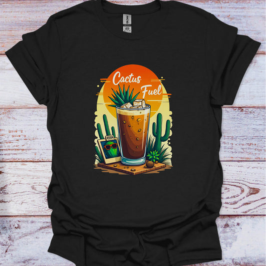 Black t-shirt with 'Cactus Fuel' graphic design on a wooden surface