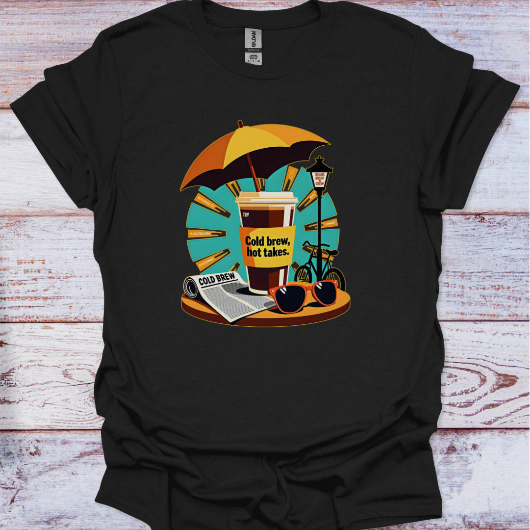 Black t-shirt with a graphic design of a coffee cup, umbrella, and bicycle on a wooden surface.