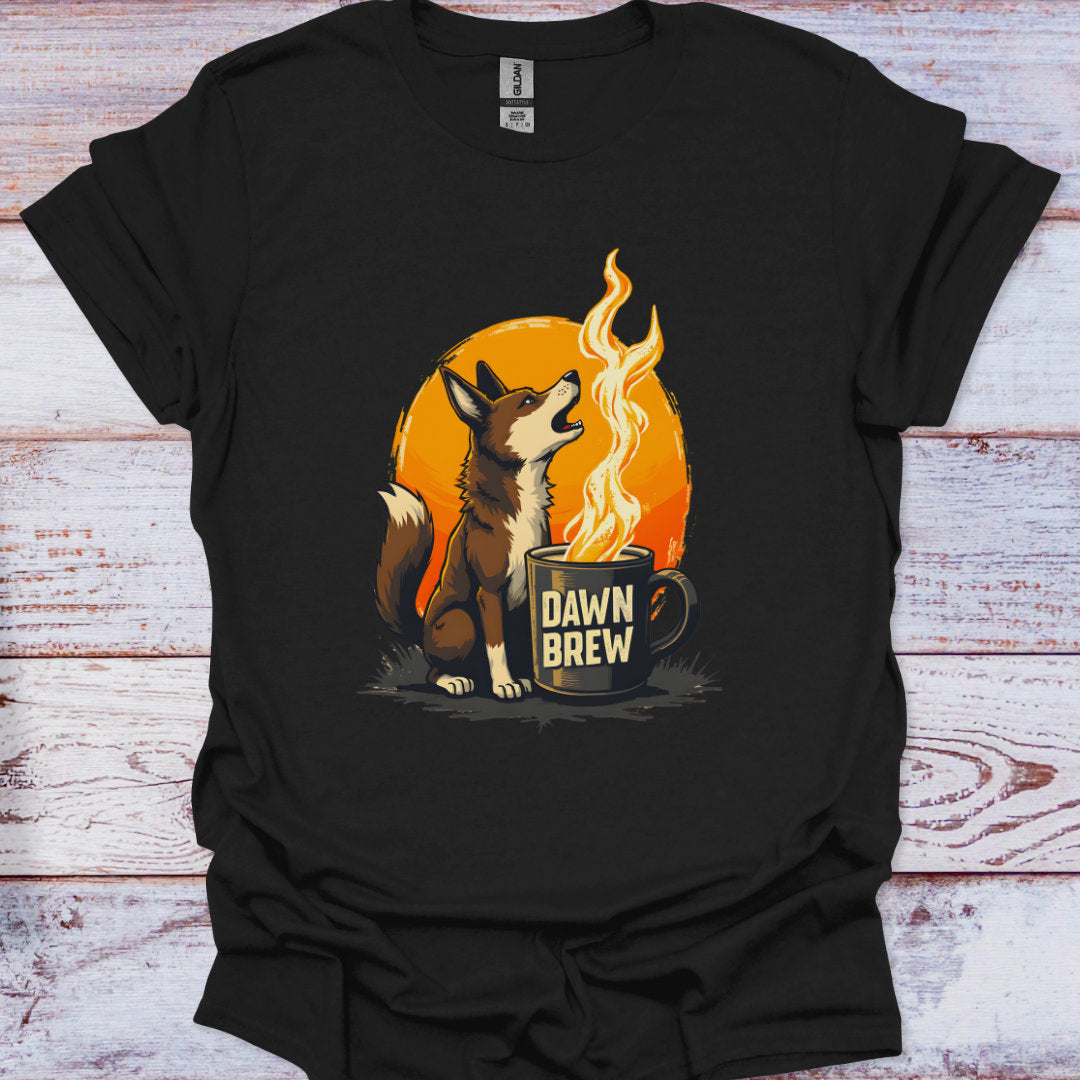 Black t-shirt with a graphic of a wolf and a mug labeled 'Dawn Brew' on a wooden surface.