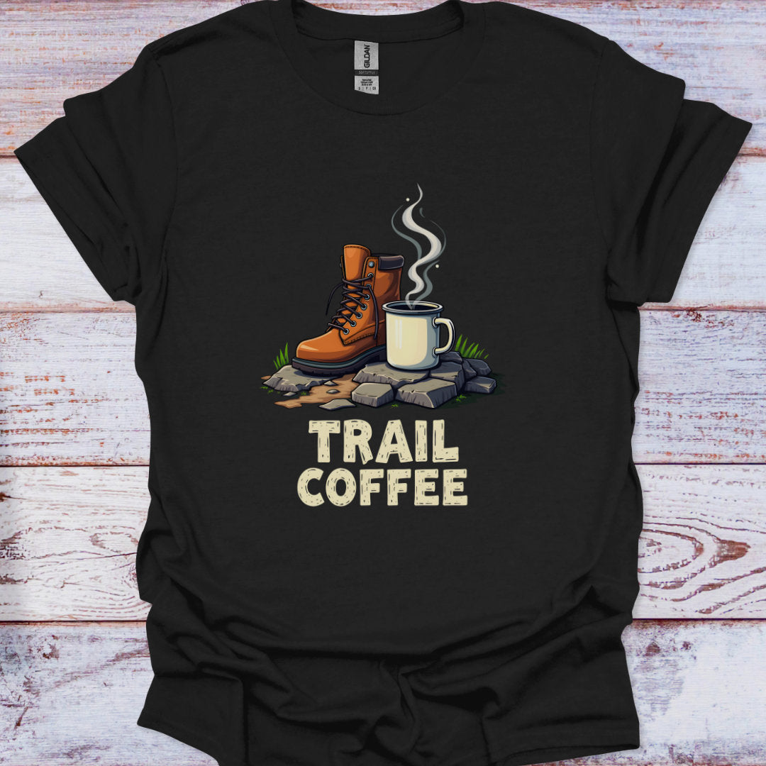 Black t-shirt with 'Trail Coffee' graphic featuring boots and a mug on a wooden background