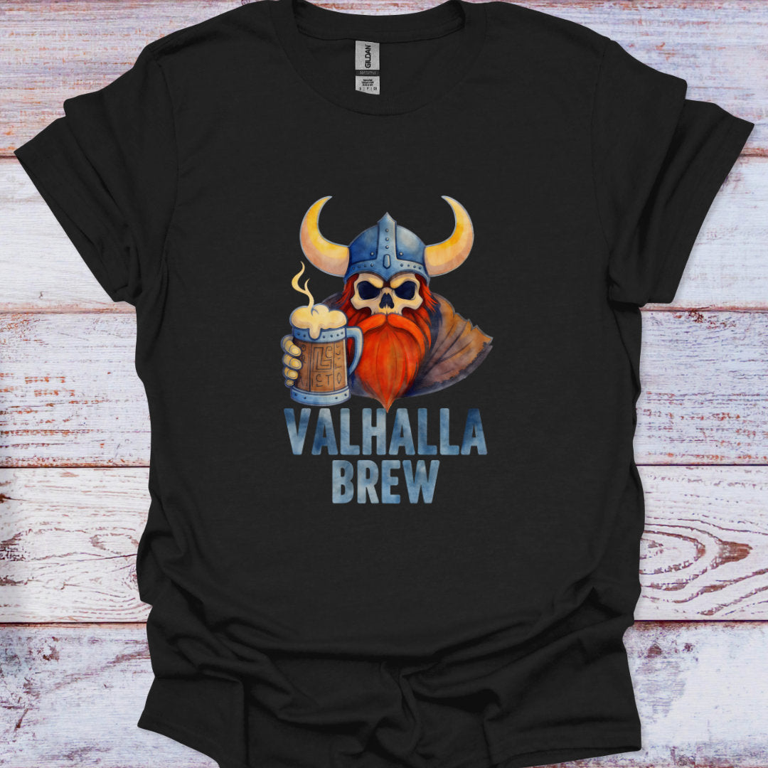 Black t-shirt with a graphic of a Viking holding a beer mug and 'Valhalla Brew' text on a wooden surface.