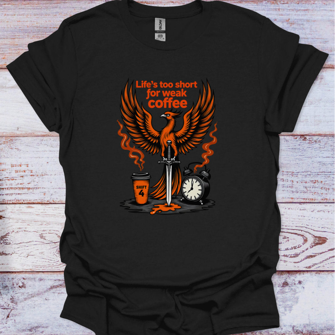 Black t-shirt with a graphic design featuring an eagle, coffee cup, sword, and alarm clock on a wooden surface.