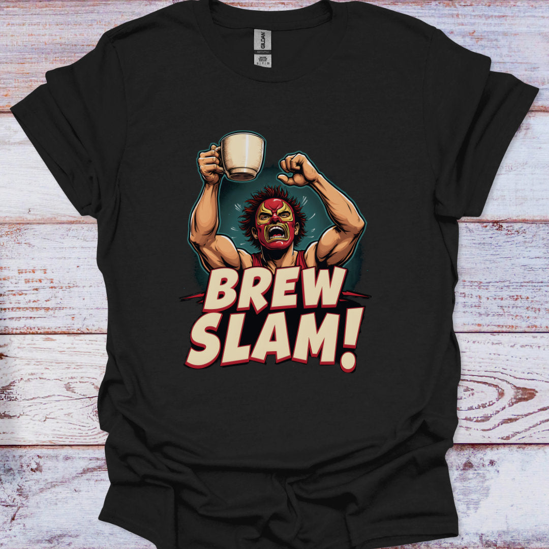 Black t-shirt with a graphic of a muscular character holding a mug and 'Brew Slam!' text on a wooden surface.
