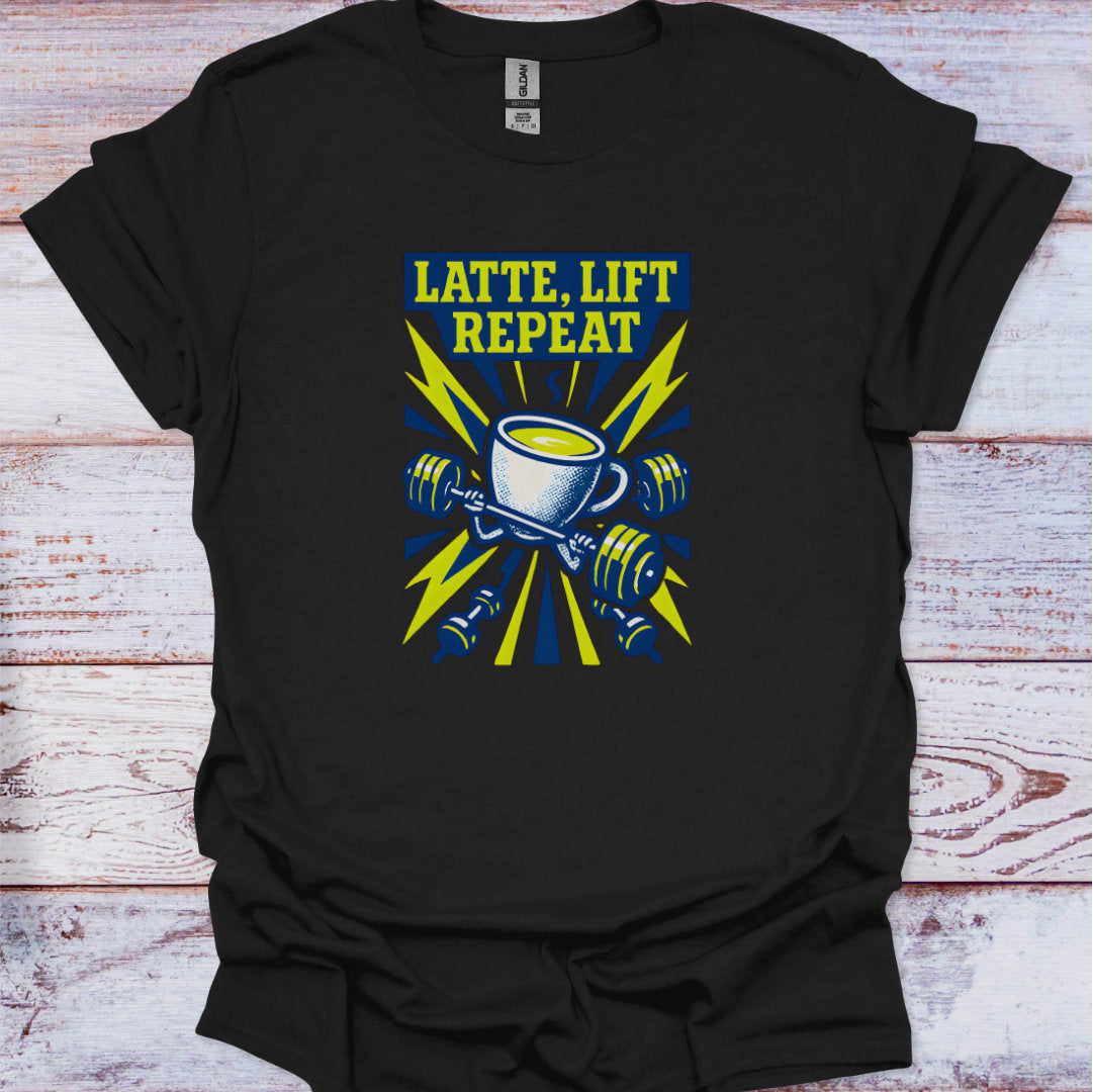 Black t-shirt with 'Latte, Lift Repeat' graphic design on a wooden surface