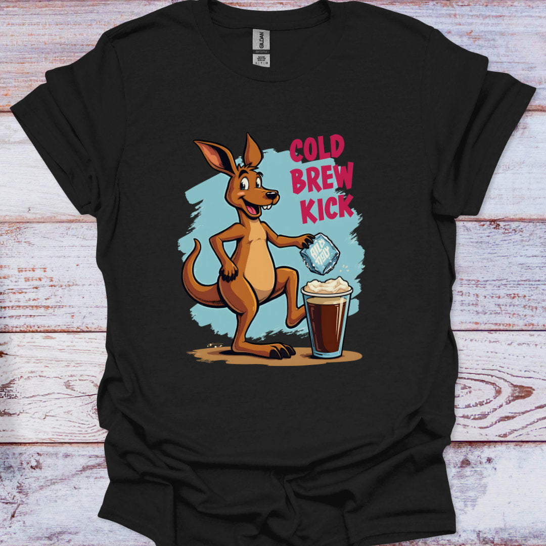 Black t-shirt with a kangaroo graphic and 'Cold Brew Kick' text on a wooden surface