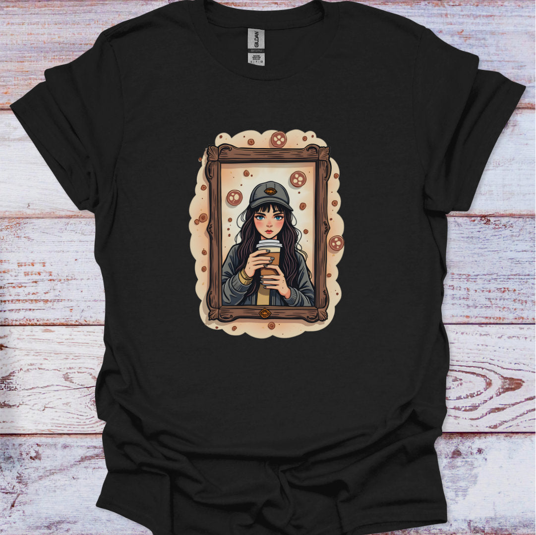 Black t-shirt with an illustration of a woman holding a coffee cup on a wooden surface