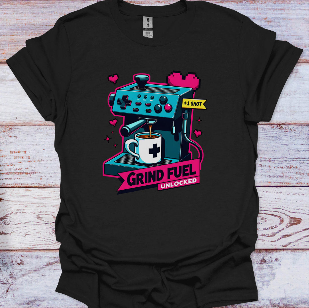 Black t-shirt with a coffee-themed graphic design on a wooden surface