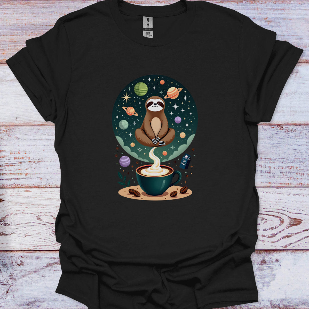 Black t-shirt with a sloth and coffee design on a wooden surface