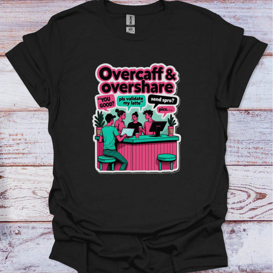Black t-shirt with colorful graphic and text on a wooden surface