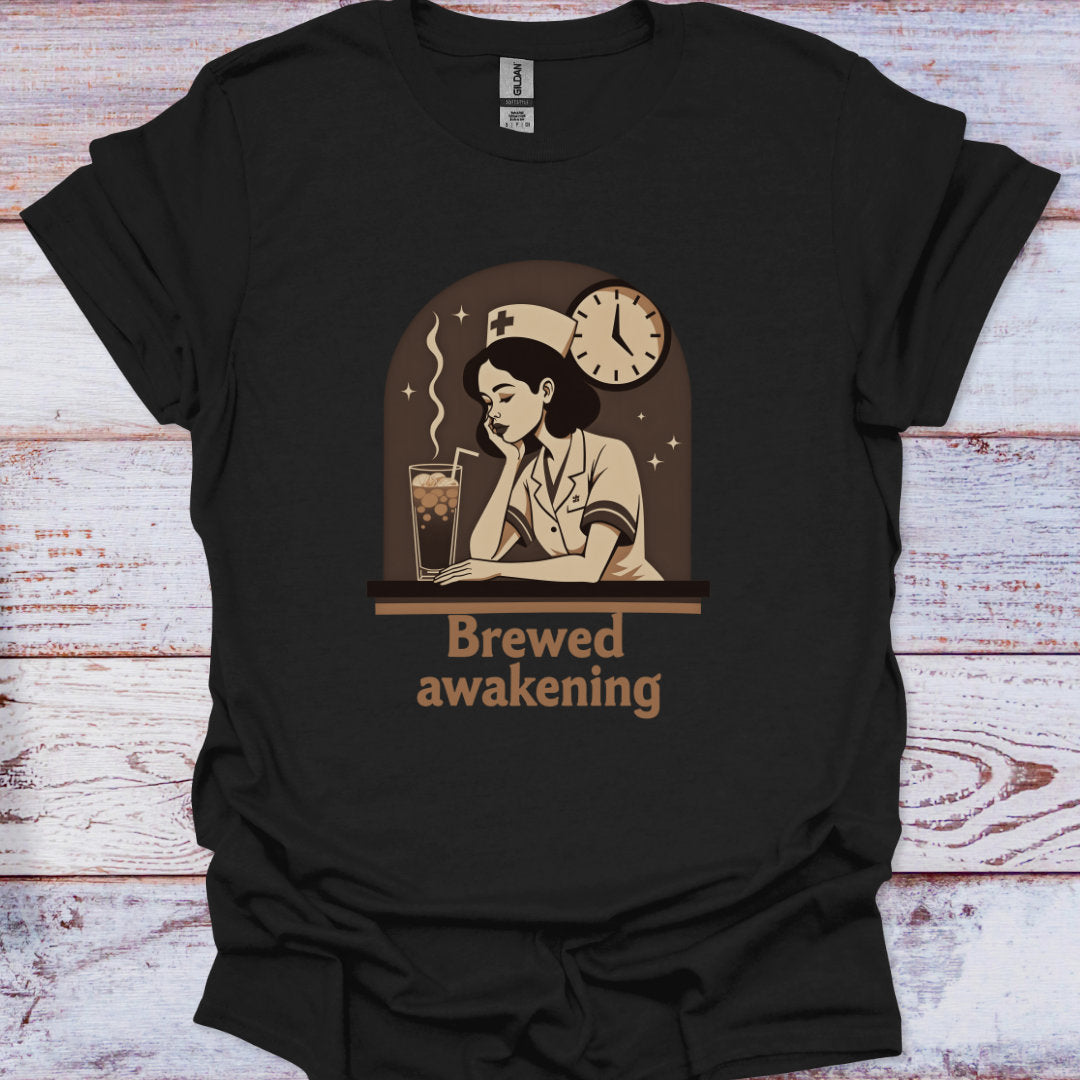 Black t-shirt with a graphic design of a nurse and text 'Brewed awakening' on a wooden surface.