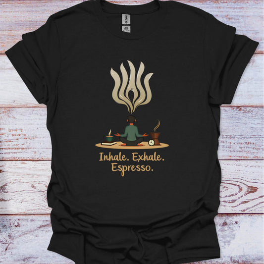 Black t-shirt with a graphic design of a person meditating with flames and text 'Inhale. Exhale.