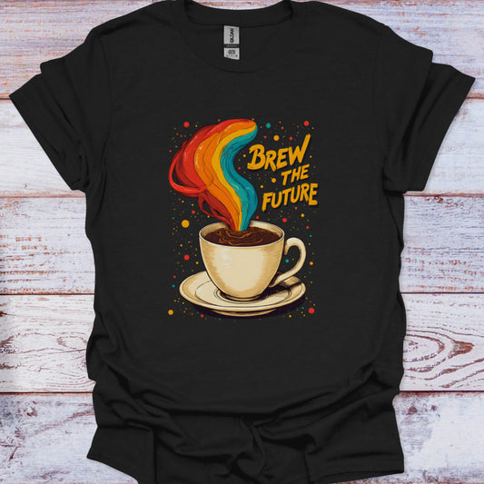 Black t-shirt with a coffee cup graphic and 'Brew the Future' text on a wooden surface