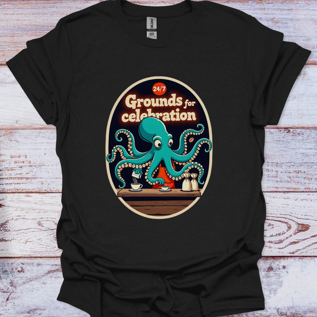 Black t-shirt with a colorful octopus design and text on a wooden surface