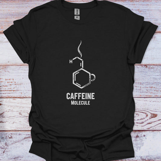 Black t-shirt with caffeine molecule design on a wooden surface