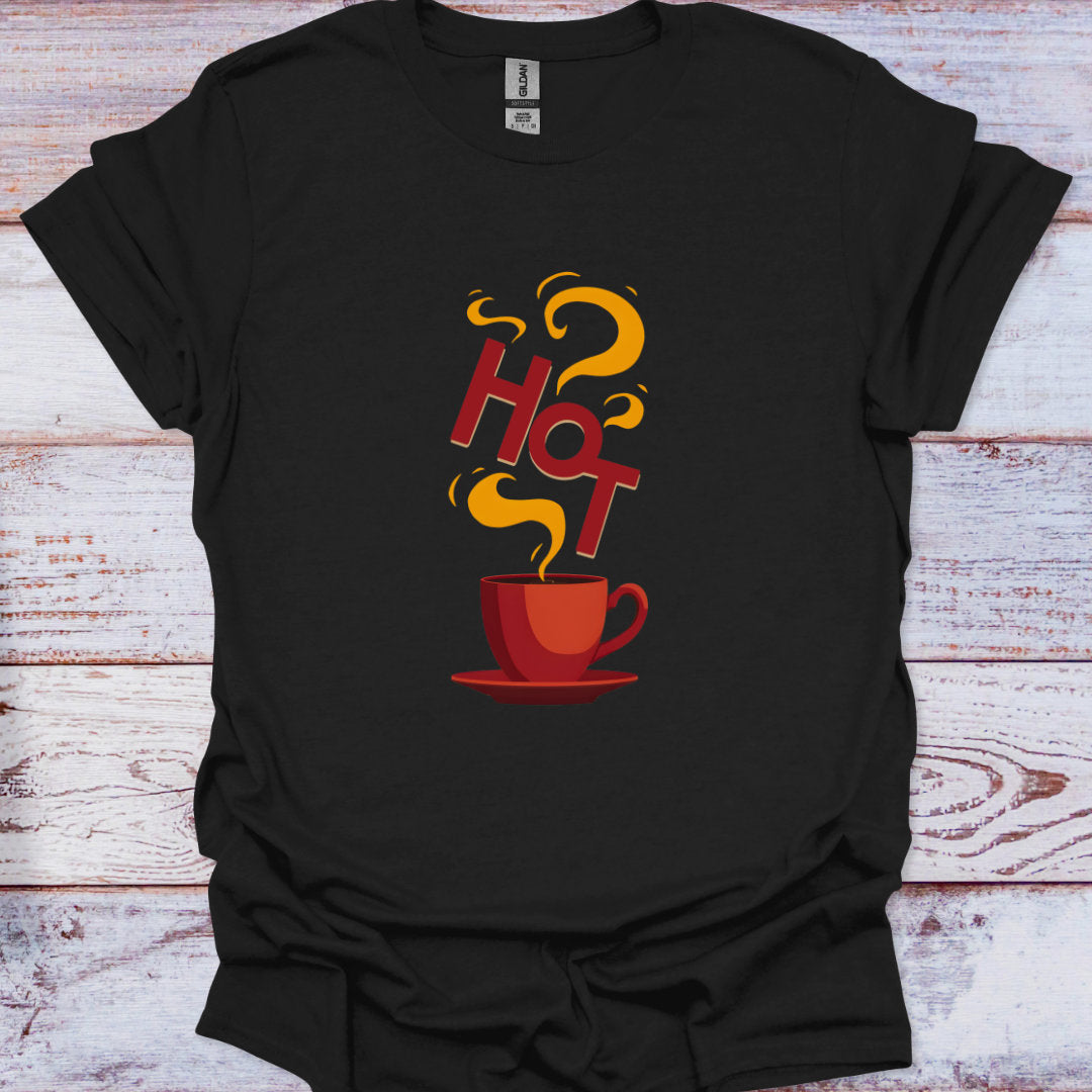 Black t-shirt with a red coffee cup and 'Hot' text design on a wooden surface