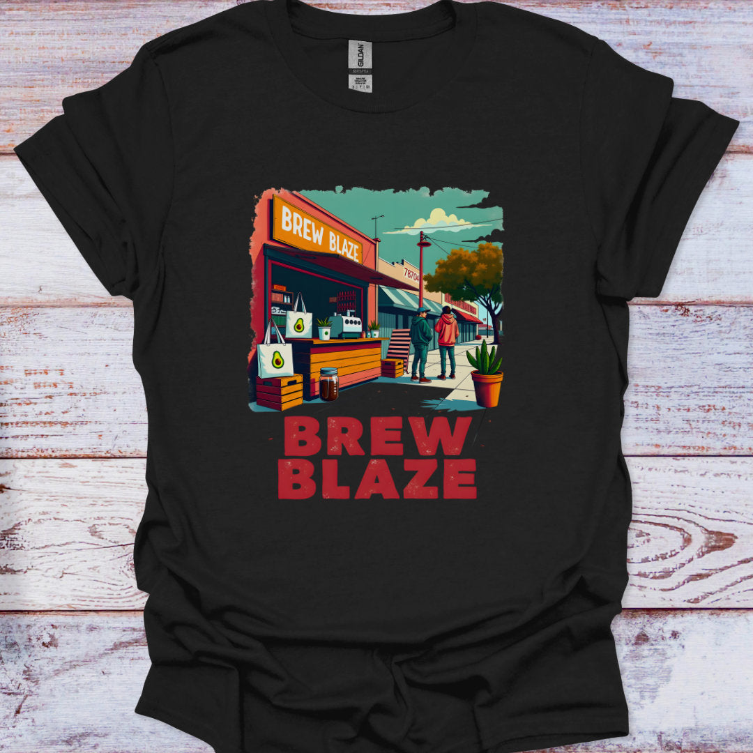 Black t-shirt with 'Brew Blaze' graphic design on a wooden surface