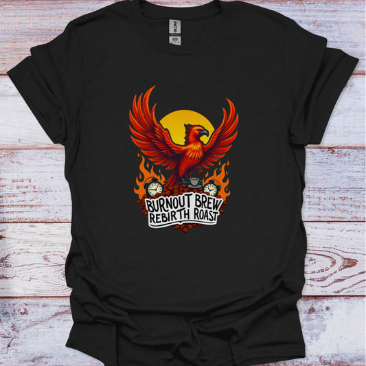 Black t-shirt with a phoenix design and text on a wooden surface