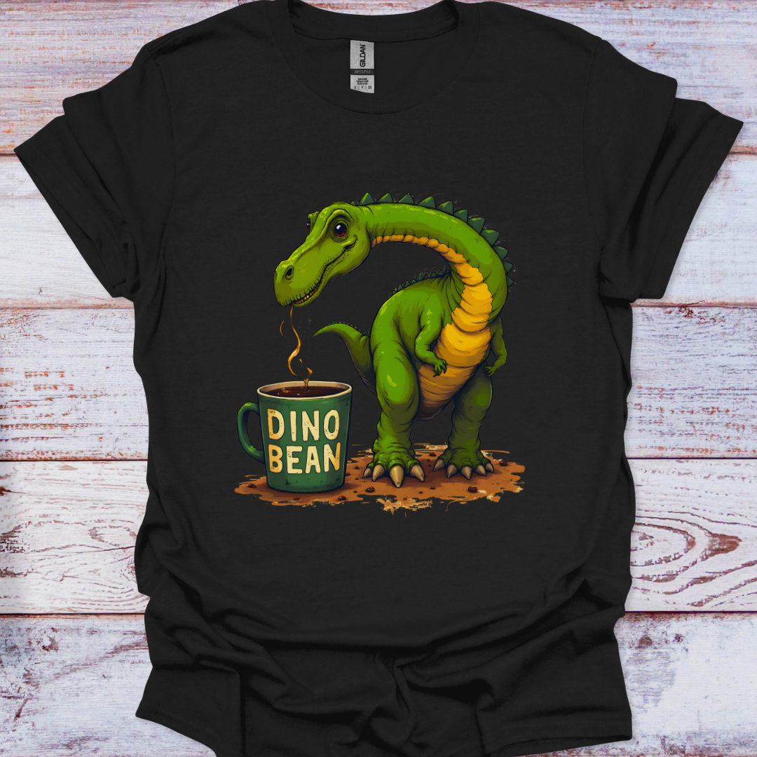 Black t-shirt with a green dinosaur and 'Dino Bean' coffee cup design on a wooden surface.