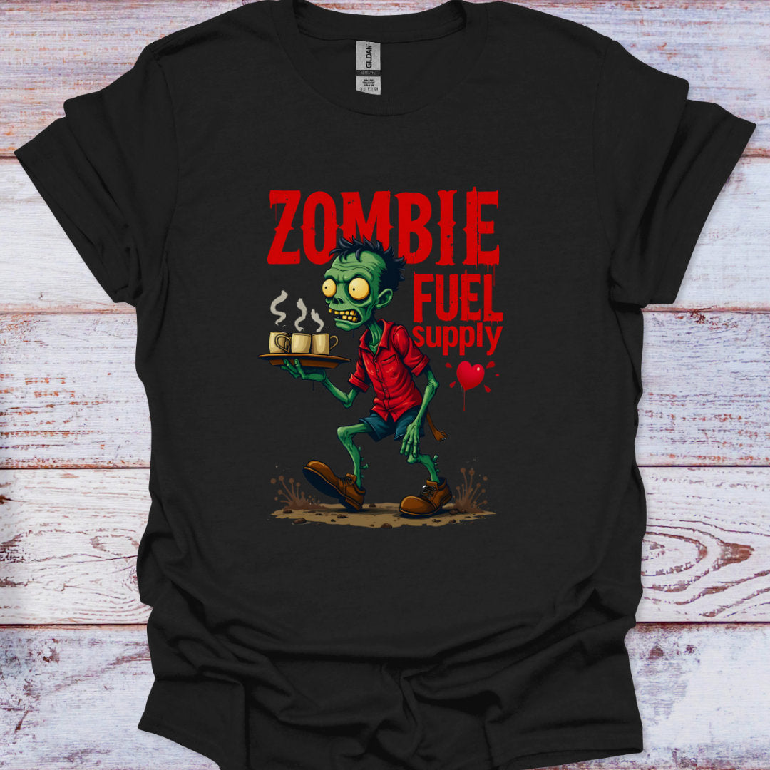 Black t-shirt with a zombie graphic and 'Zombie Fuel Supply' text on a wooden surface