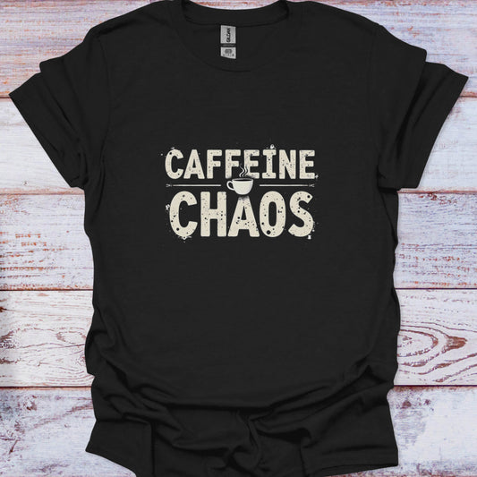 Black t-shirt with 'CAFFEINE CHAOS' text on a wooden surface