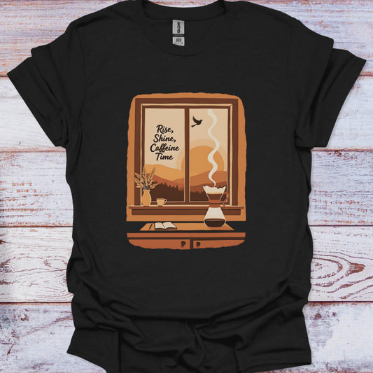 Black t-shirt with a graphic design of a window, coffee maker, and text on a wooden surface