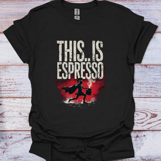 Black t-shirt with 'This is Espresso' text and superhero graphic on a wooden surface