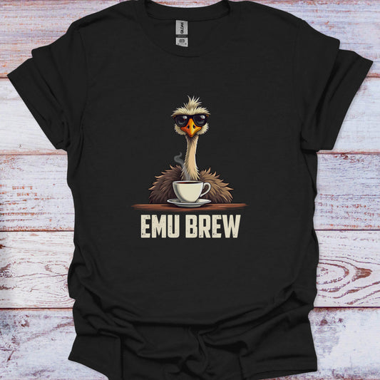 Black t-shirt with an emu holding a coffee cup and 'EMU BREW' text on a wooden surface