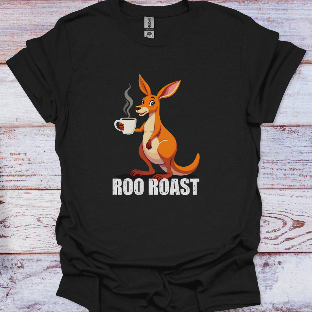 Black t-shirt with a kangaroo holding a coffee cup and 'ROO ROAST' text on a wooden surface