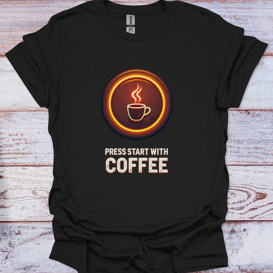 Black t-shirt with a coffee-themed graphic and text on a wooden surface