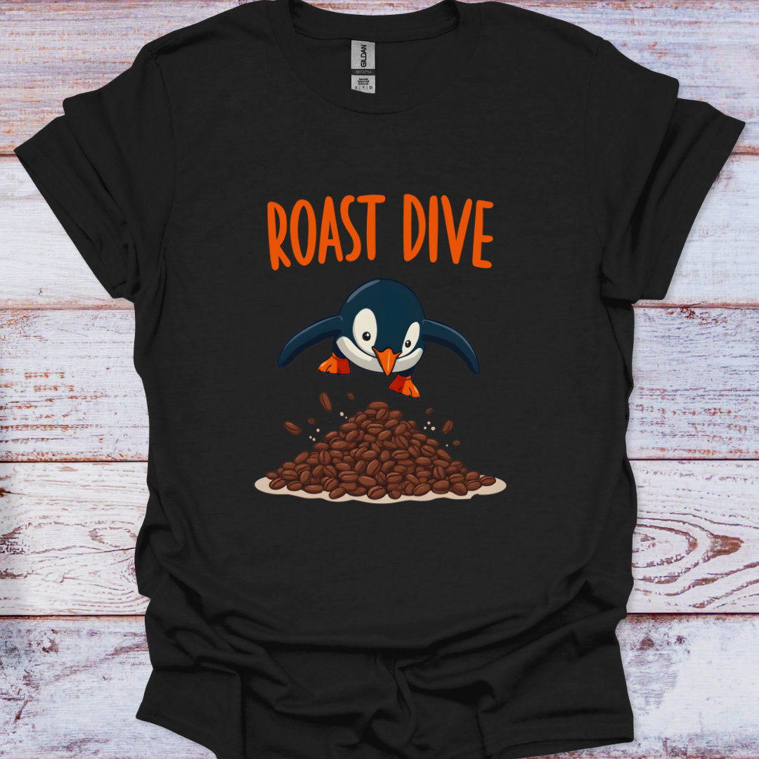 Black t-shirt with a penguin graphic and 'Roast Dive' text on a wooden surface