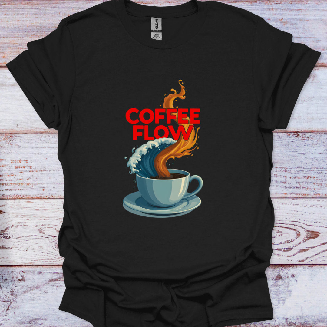 Black t-shirt with a graphic of a coffee cup and flames labeled 'Coffee Flow' on a wooden surface.