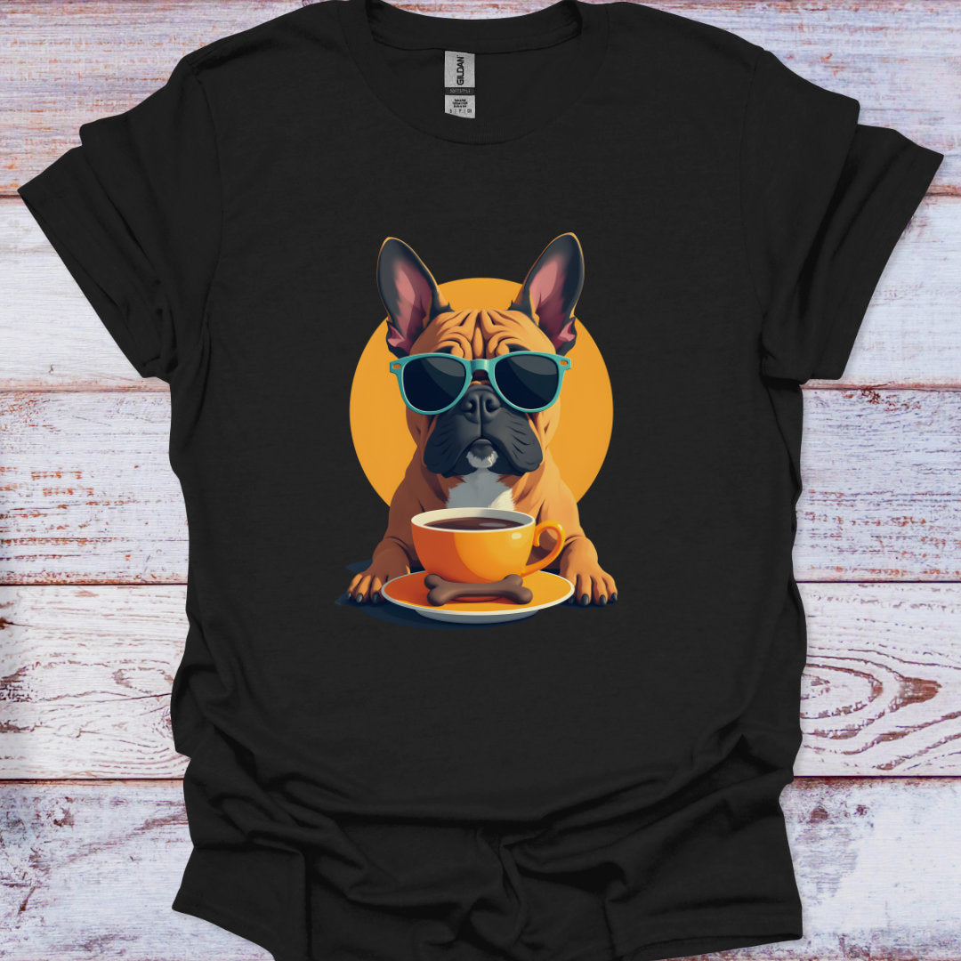 Black t-shirt with a graphic of a dog drinking coffee and wearing sunglasses on a wooden surface.