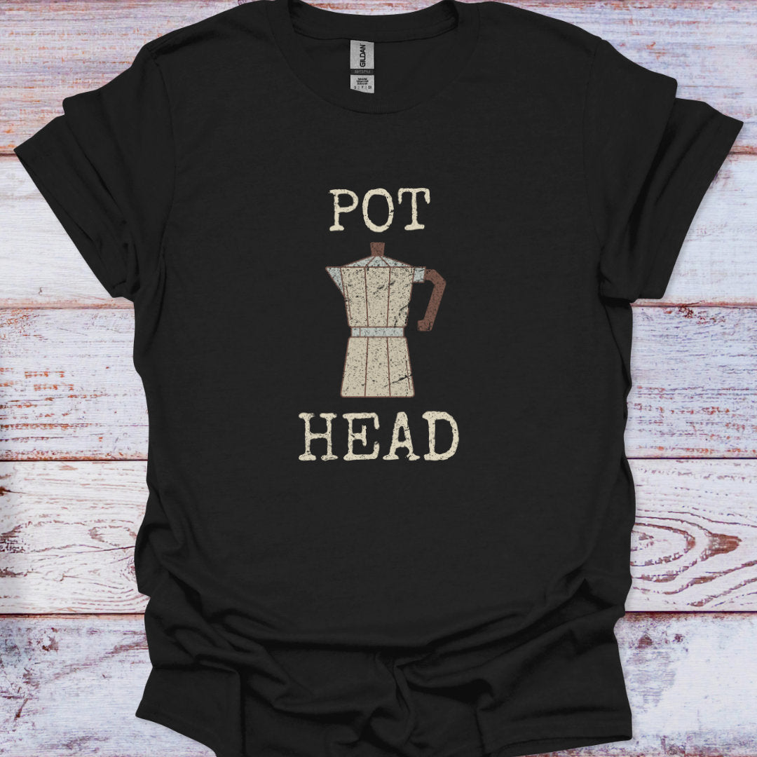 Black t-shirt with 'POT HEAD' graphic design on a wooden surface