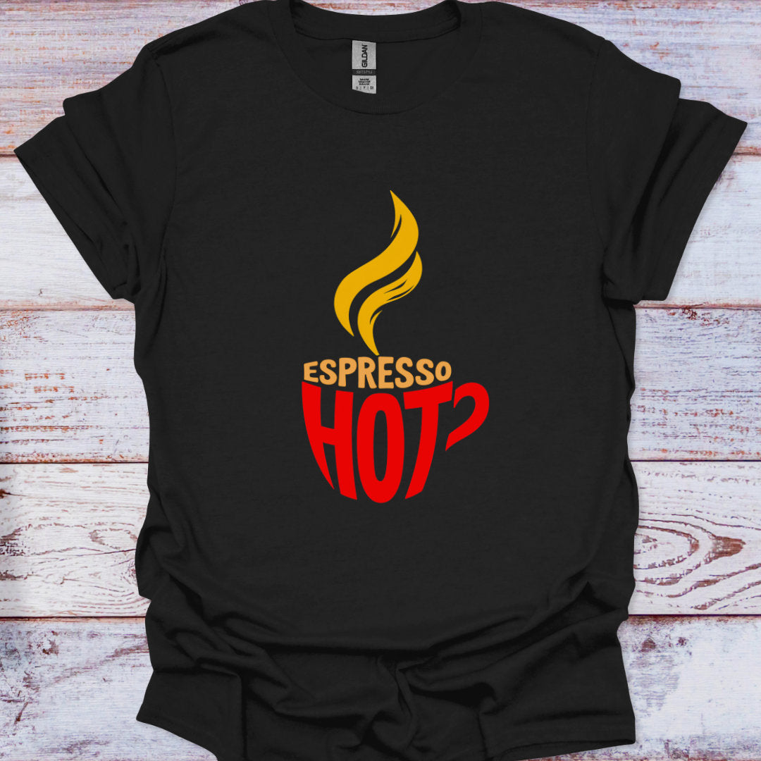 Black t-shirt with 'Espresso Hot' design on a wooden surface
