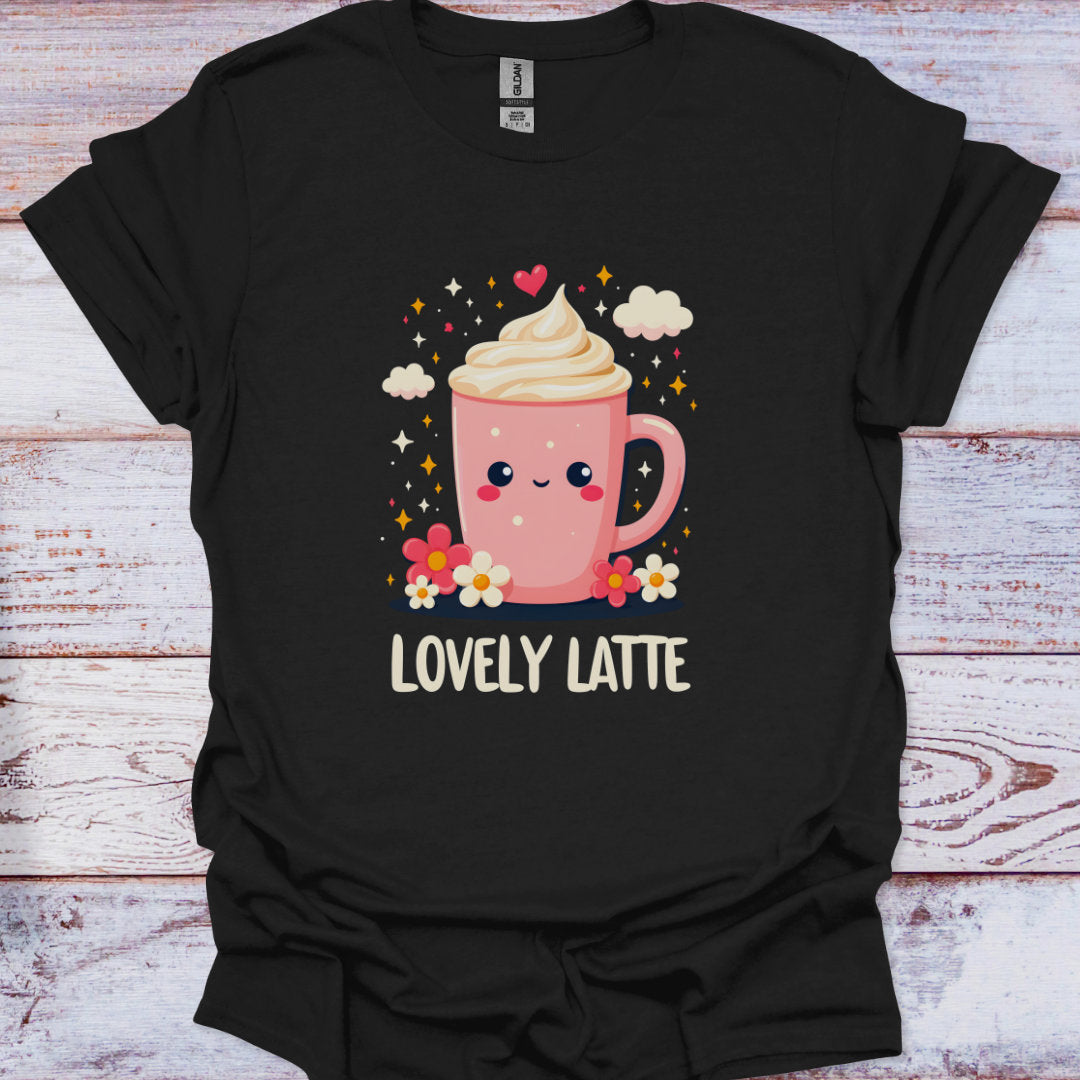 Black t-shirt with a pink latte graphic and 'Lovely Latte' text on a wooden surface